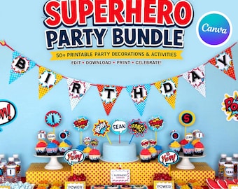 Afdrukbaar pakket verjaardagsfeest superheld, stripthema (canva)