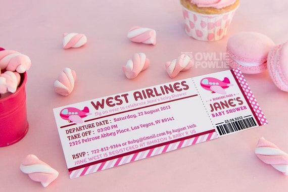 Pink Airplane BABY Shower Printable 2.5 x 7 inch Boarding Pass Invitation, INSTANT DOWNLOAD, You Edit Yourself with Adobe Reader Il_570xn