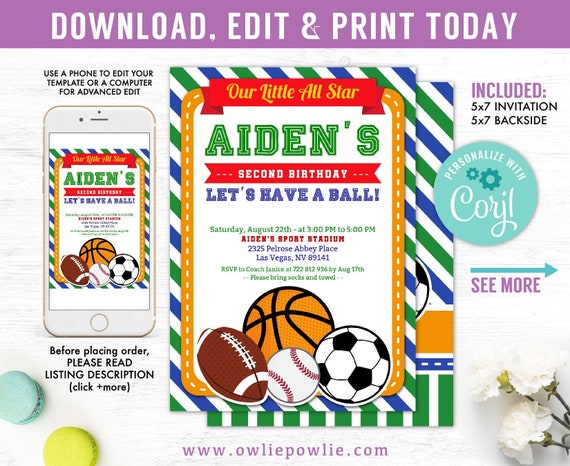 Allstar sport party invitation, EDITABLE birthday invitation,Soccer basketball rugby baseball,Instant download Printable Digital Il_570xn