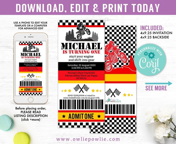 Dirt Bike Invitation, EDITABLE birthday ticket pass invitation, motorcycle birthday invitation, Instant download Printable Digital Il_570xn