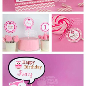 Pink Owl BIRTHDAY Party Printable Package & Invitation, owl birthday decoration, look whoos one, look whoo's turning one, owl party decor image 2
