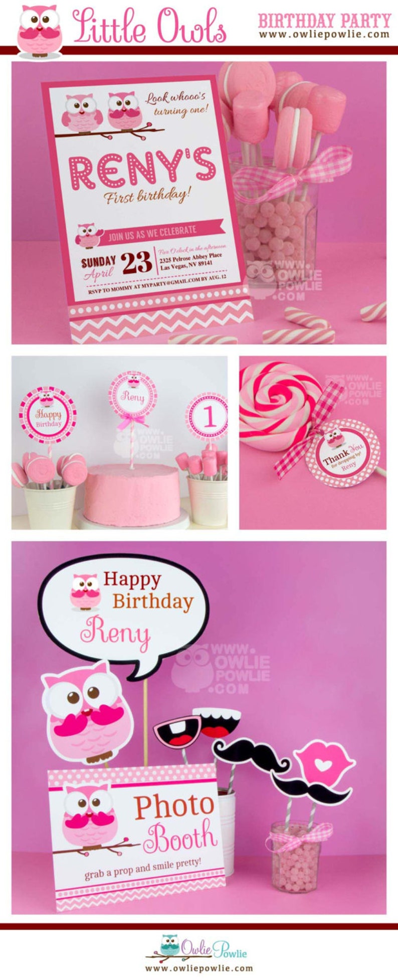 Pink Owl BIRTHDAY Party Printable Package & Invitation, owl birthday decoration, look whoos one, look whoo's turning one, owl party decor image 2