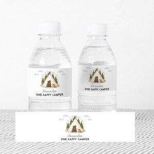 Happy Camper Wasserflaschenetiketten, ein glücklicher Camper, Campingbär Geburtstag, Braunbärparty, bearbeitbare digitale Vorlage, sofortiger Download