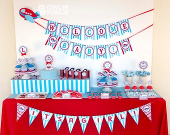 Airplane BABY shower Party Printable Package & Invitation, vintage airplane party decor, airplane baby boy, airplane ticket invitation