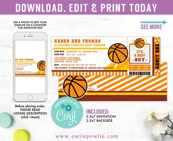 Basketball ticket invitation, EDITABLE Baby shower ticket invitation, sport slam dunk party invitation,Instant download Printable Digital Il_570xn