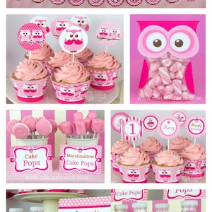 Pink Owl BIRTHDAY Party Printable Package & Invitation, owl birthday decoration, look whoos one, look whoo's turning one, owl party decor image 1