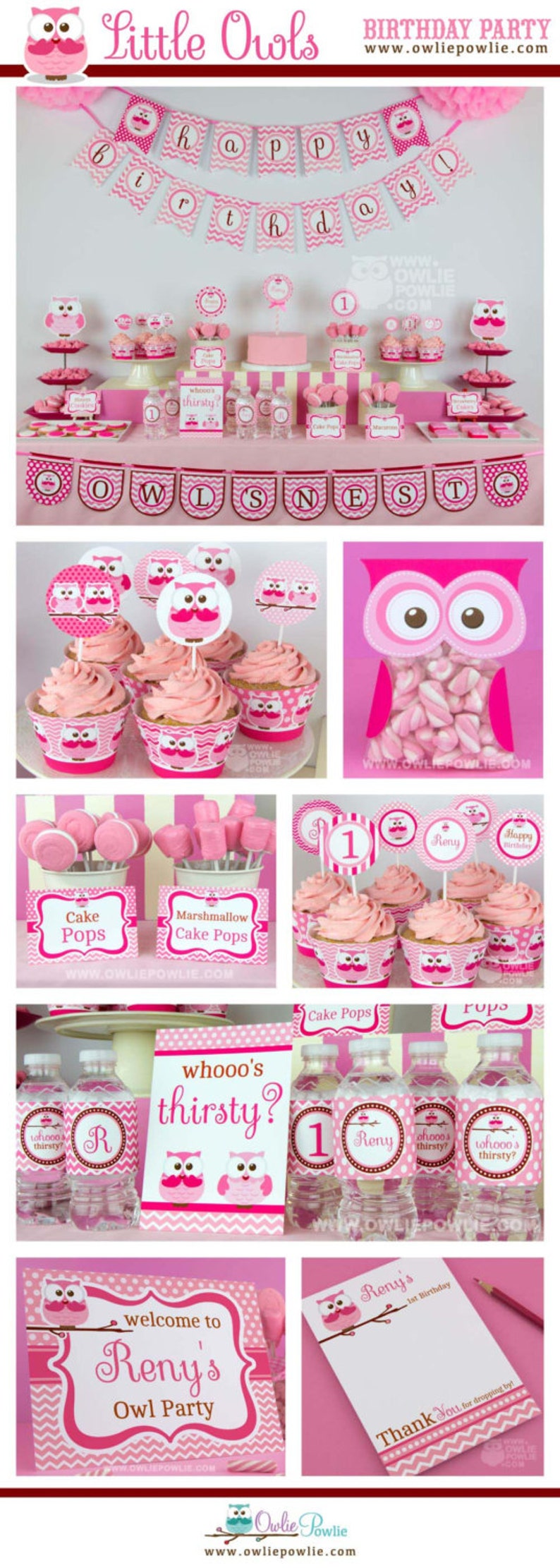 Pink Owl BIRTHDAY Party Printable Package & Invitation, owl birthday decoration, look whoos one, look whoo's turning one, owl party decor image 1