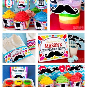 May include: A colourful party decoration set for a child's birthday party. The theme is "Mustache Bash" and features a variety of colourful decorations, including a banner, cupcakes, cookies, and a photo booth backdrop. The decorations are all decorated with moustaches, bow ties, and other whimsical elements.