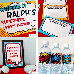 May include: A collection of superhero-themed party supplies including a welcome sign for Ralph's baby shower, advice cards for mommy to be, a sign reading grab your superhero sweet treats, and water bottles with comic book style labels.