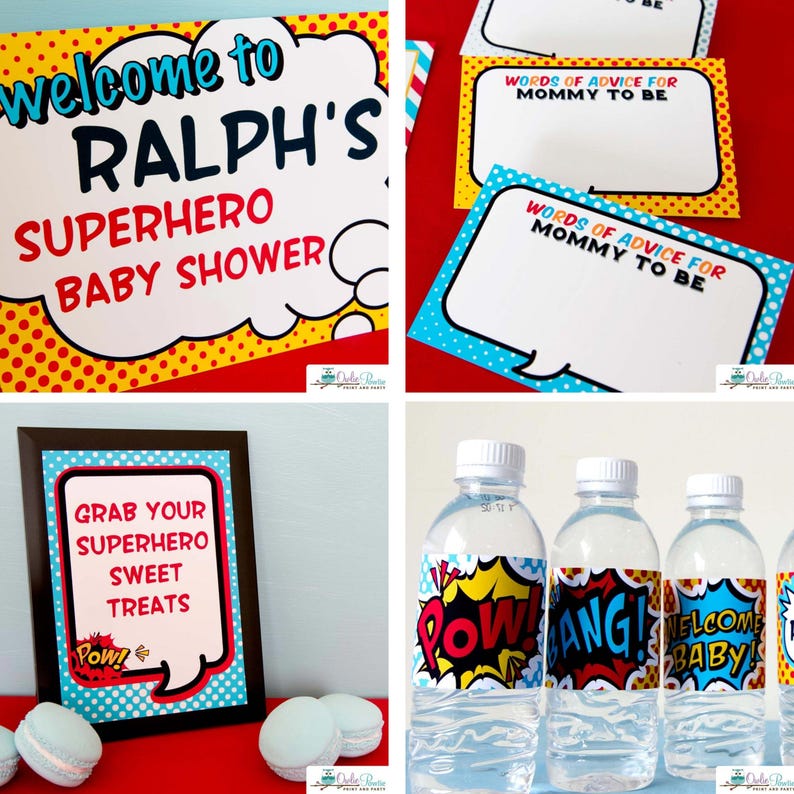 May include: A collection of superhero-themed party supplies including a welcome sign for Ralph's baby shower, advice cards for mommy to be, a sign reading grab your superhero sweet treats, and water bottles with comic book style labels.