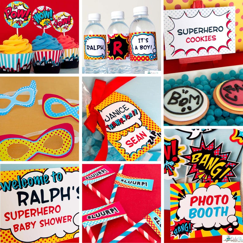 May include: A collection of superhero-themed party supplies including cupcake toppers with Pow, Wow, and Pow text, water bottle labels reading Ralph, R, and It's a Boy, superhero cookie signs, polka dot masks, thank you tags, and photo booth props.