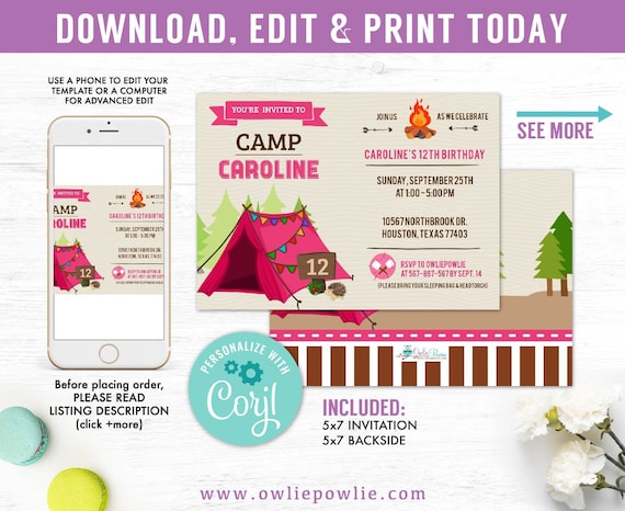 Pink Glamping invitation,Camp Out Sleepover party, EDITABLE Birthday Invitation,camping invitation, Instant download Printable Digital Il_570xn