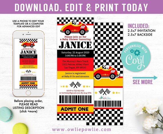 Race Car ticket invitation,EDITABLE Baby shower Invitations, Race Car invitation, Go Kart invitation,Instant download Printable Digital Il_570xn