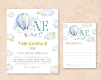 Editable Watercolor Mr Onederful Birthday Time Capsule, Blue Hot Air Balloon Birthday Decor, up up and away party Birthday, instant download