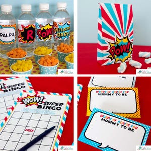 May include: A collection of superhero-themed party supplies including water bottles with comic-style labels, a gift bag with a POW graphic, Super Bingo game cards, and cards labeled Words of Advice for Mommy to Be with colorful polka dot borders.