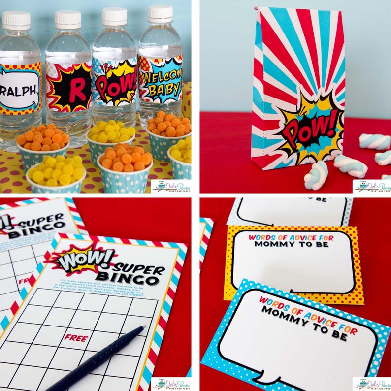 May include: A collection of superhero-themed party supplies including water bottles with comic-style labels, a gift bag with a POW graphic, Super Bingo game cards, and cards labeled Words of Advice for Mommy to Be with colorful polka dot borders.