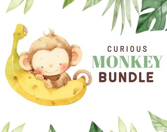 Editable Curious Little Monkey bundle, Jungle safari Birthday Decorations, boy first birthday party, lets go bananas party, Instant Download