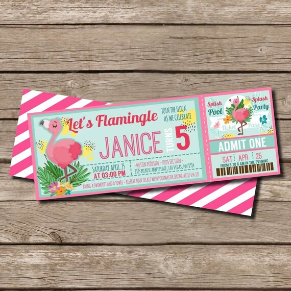 Let's Flamingle ticket invitation, EDITABLE birthday ticket pass invitation, Pink Flamingo invitation, pool party invitation, printables Il_570xn