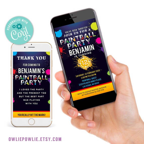 Digital Invitation Birthday Paintball Party, EDITABLE paintball birthday party invitation, Cell