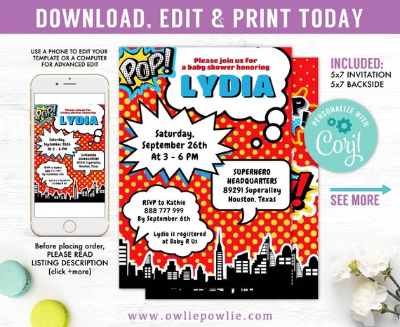 Superhero Baby Shower Invitation, EDITABLE Invitation, Superhero invitation, Comic Book Invitation, Instant download Printable Digitals Il_570xn