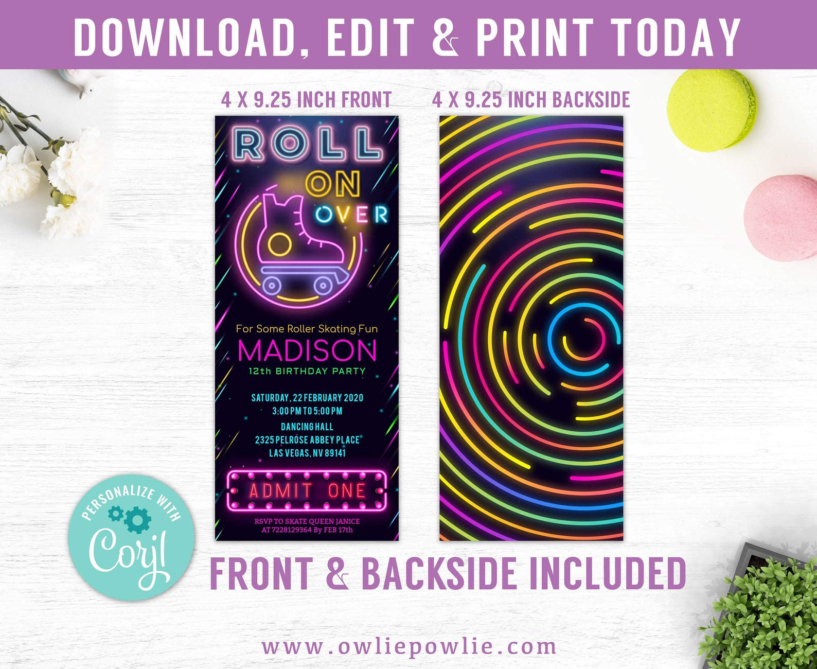 Glow Roller Skating Ticket Invitation EDITABLE Roller Skate Etsy