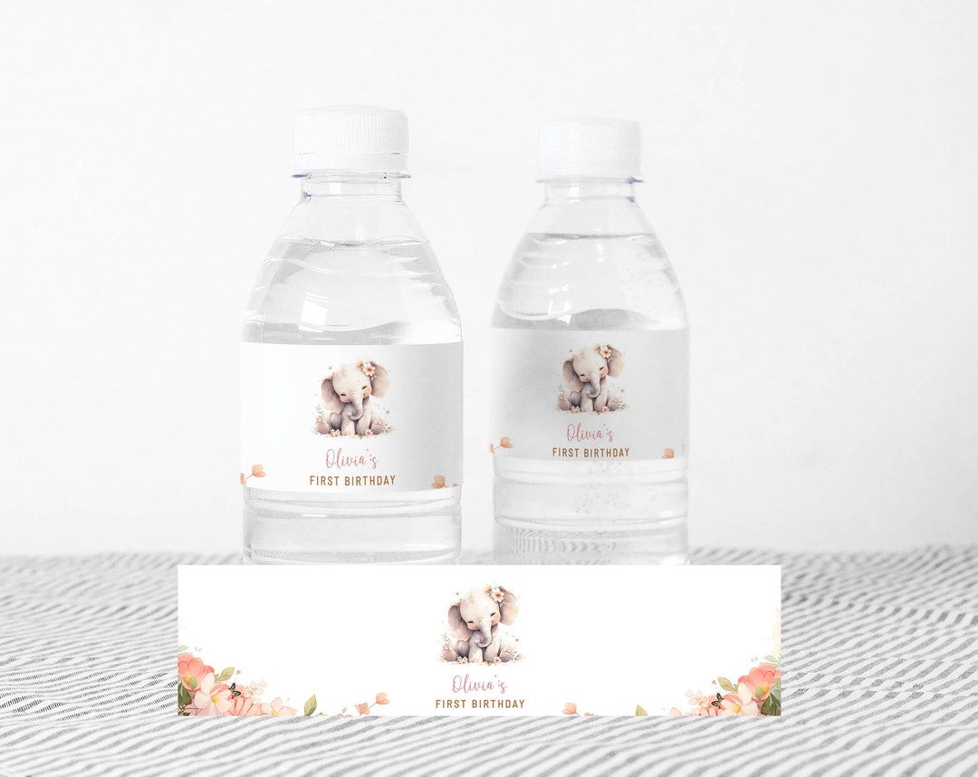 Pink Elephant Water Bottle Labels, Spring Floral, Floral Girl Birthday ...