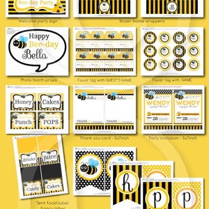 May include: Printable party decorations for a bee-themed birthday party. The set includes cupcake toppers, cake toppers, water bottle wrappers, favor tags, thank you cards, party invitations, food labels, and a banner. The decorations feature a yellow and black striped pattern with a cute cartoon bee.