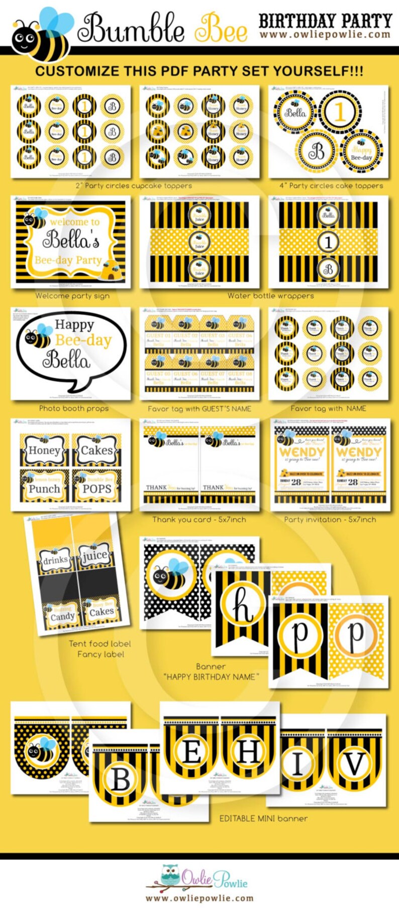May include: Printable party decorations for a bee-themed birthday party. The set includes cupcake toppers, cake toppers, water bottle wrappers, favor tags, thank you cards, party invitations, food labels, and a banner. The decorations feature a yellow and black striped pattern with a cute cartoon bee.