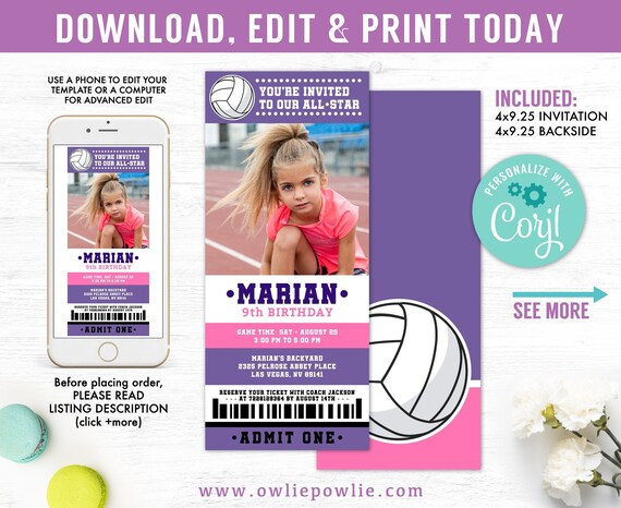 Volleyball ticket Photo invitations, EDITABLE birthday invitation, volleyball birthday party invitations, volleyball ticket invitation Il_570xn