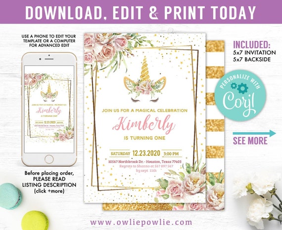 Rose gold Unicorn Slumber Birthday Invitation for Girls Online Editable Unicorn Invitation Unicorn Birthday Invitation INSTANT DOWNLOAD