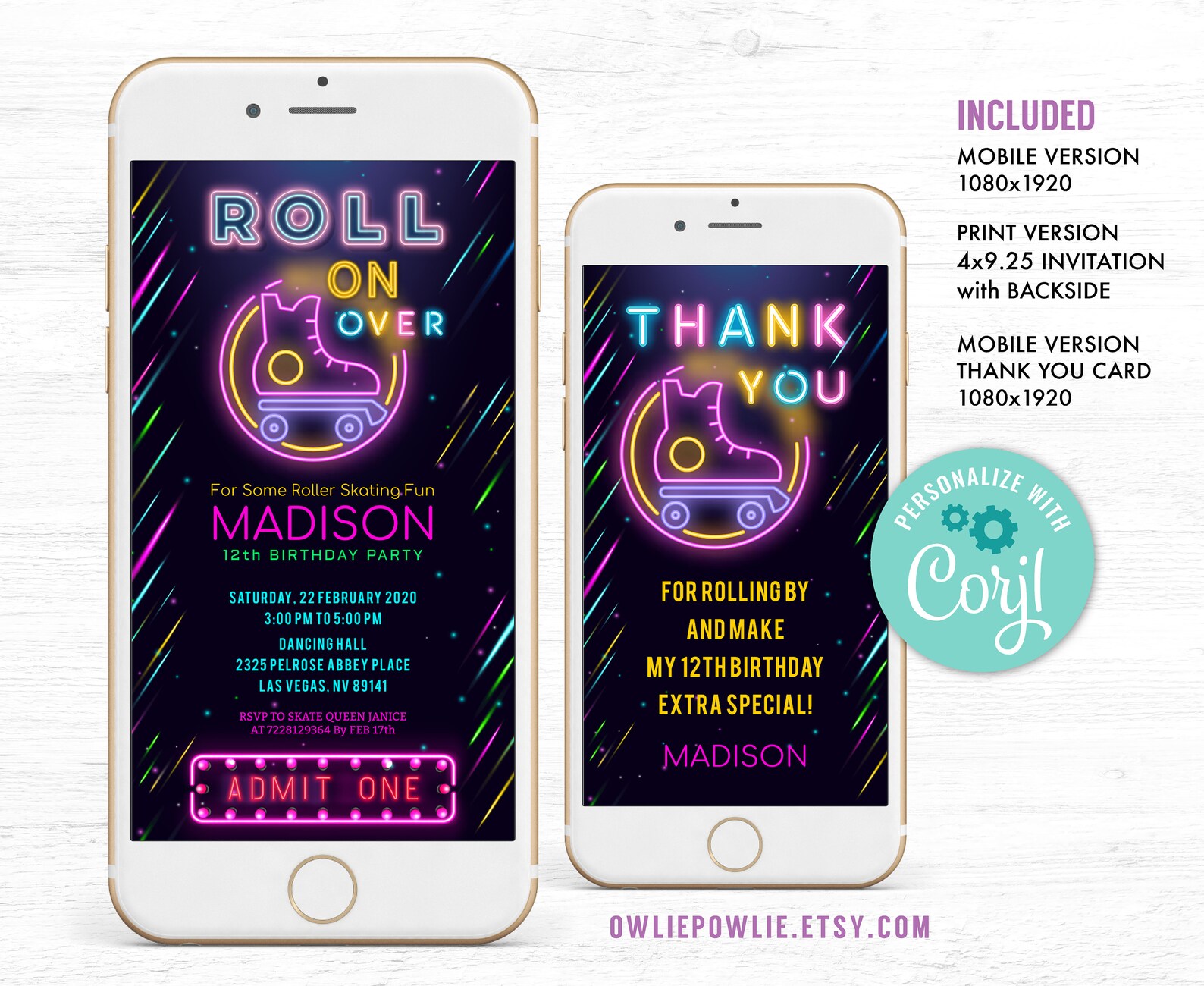 Glow Roller Skating Ticket Invitation EDITABLE Roller Skate Etsy