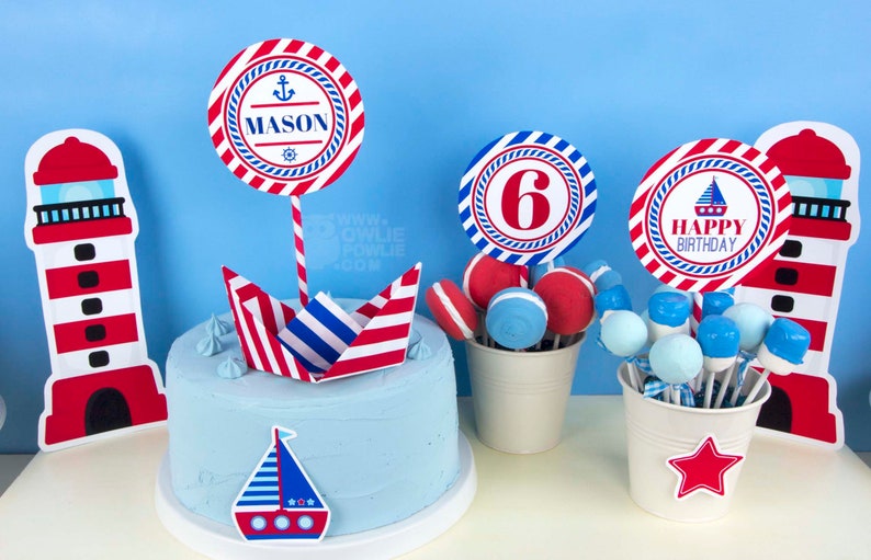 Nautische VERJAARDAG Party afdrukbaar pakket & uitnodiging, allemaal aan boord van de 1e verjaardag, zeilboot verjaardagsuitnodiging, zeilfeest decor afbeelding 6