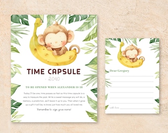 Editable Curious Monkey Birthday Time Capsule, Jungle safari Birthday Decor, monkey boy first birthday, Outdoor Party, Instant Download