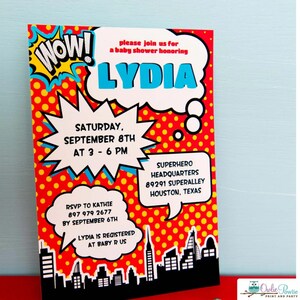 May include: A rectangular baby shower invitation featuring a comic book theme with a red background and yellow polka dots. It includes white speech bubbles containing text: WOW!, please join us for a baby shower honoring LYDIA, date, time, location, and RSVP details, with a black city skyline silhouette at the bottom.