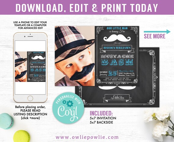 Little Man photo invitation, EDITABLE birthday invitation, Mustache birthday invitation, little man invite, chalkboard invitation, printable Il_570xn