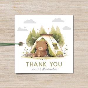 Bearbeitbarer Happy Camper Favor Tag, Ein glücklicher Camper, Camping Geburtstagsdekoration, Bär Geburtstagsparty, Outdoor Party, Sofortiger Download