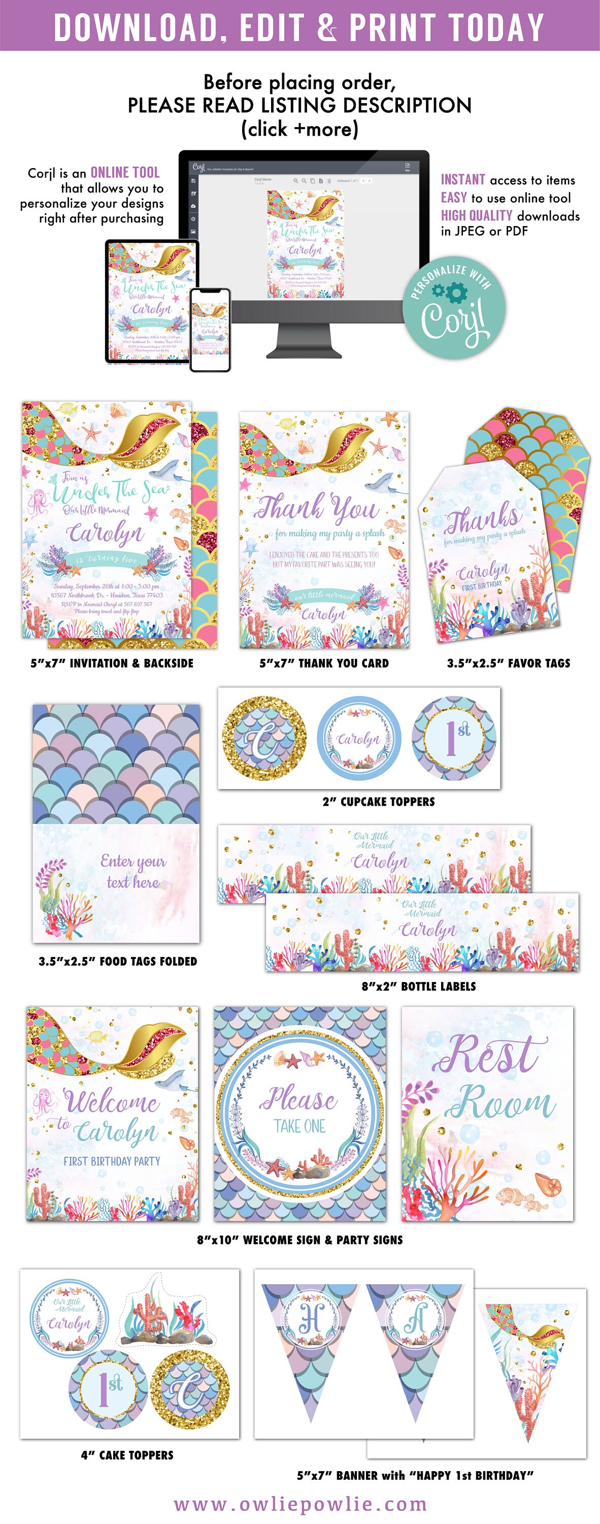 Mermaid First Birthday Party Decorations EDITABLE Printables | Etsy