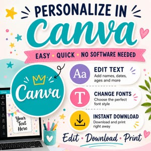 May include: A digital graphic promoting Canva customization featuring the text PERSONALIZE IN Canva, EASY QUICK NO SOFTWARE NEEDED, EDIT TEXT, CHANGE FONTS, and INSTANT DOWNLOAD. Includes icons for text, fonts, and downloading, plus a laptop.