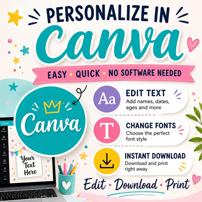 May include: A digital graphic promoting Canva customization featuring the text PERSONALIZE IN Canva, EASY QUICK NO SOFTWARE NEEDED, EDIT TEXT, CHANGE FONTS, and INSTANT DOWNLOAD. Includes icons for text, fonts, and downloading, plus a laptop.