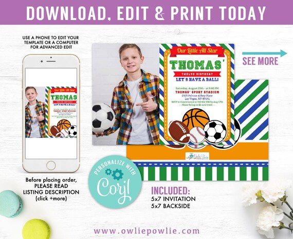 All star sport party invitation, EDITABLE birthday photo invitation,Soccer basketball rugby baseball, Instant download Printable Digital Il_570xn