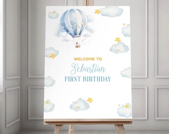 Watercolor Mr Onederful welcome sign template, 1st birthday Editable Digital Template instant download , Blue Hot Air Balloon birthday corjl