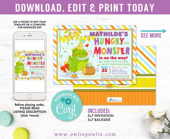 Hungry Monster Baby Shower Invitation Party Printable Template, little monster baby shower, monster inc shower, monster invitation, Il_570xn
