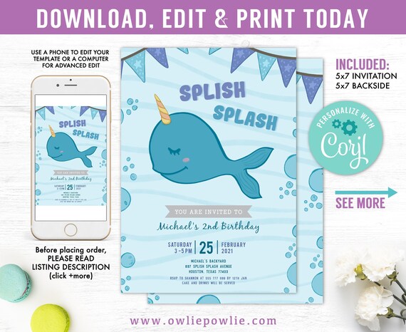 Splish splash narwhal birthday Party Invitation, EDITABLE Narwhal party invitation, summer pool party invitation, narwhal invitation Il_570xn
