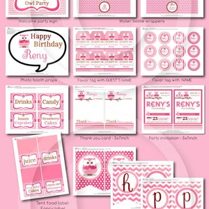 Pink Owl BIRTHDAY Party Printable Package & Invitation, owl birthday decoration, look whoos one, look whoo's turning one, owl party decor image 9