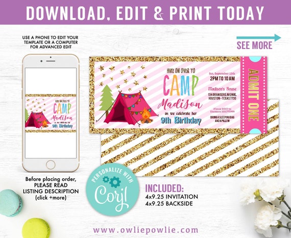 Pink Gold Glitter Glamping invitation,Camp Out Sleepover party, EDITABLE Birthday ticket pass invitation, Instant download Printable Digital Il_570xn