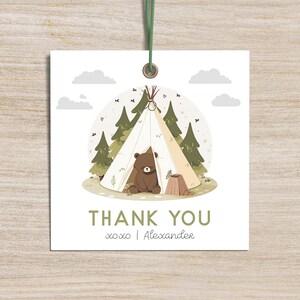 Bearbeitbarer Happy Camper Favor Tag, Ein glücklicher Camper, Camping Geburtstagsdekoration, Bär Geburtstagsparty, Outdoor Party, Sofortiger Download