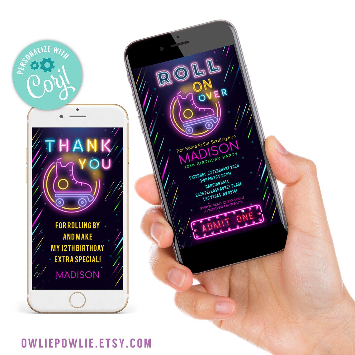 Glow Roller Skating Ticket Invitation EDITABLE Roller Skate Etsy