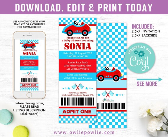 Race Car ticket invitation,EDITABLE Baby shower Invitations, Race Car invitation, Go Kart invitation,Instant download Printable Digital Il_570xn