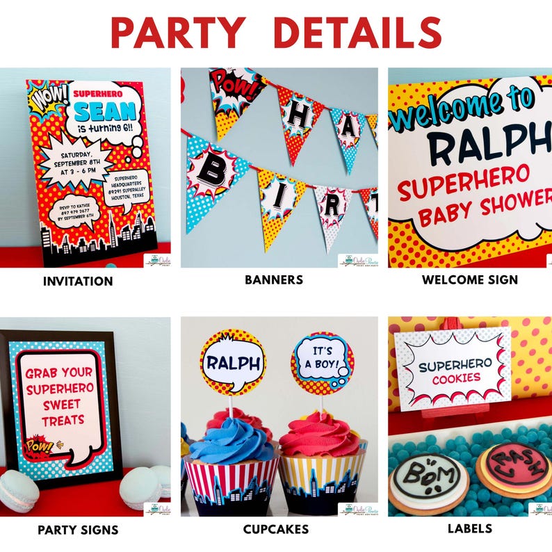 May include: A collection of superhero-themed party supplies including a birthday invitation, a pennant banner, a welcome sign, a party sign reading Grab Your Superhero Sweet Treats, cupcake wrappers with toppers, and food labels with comic book graphics.