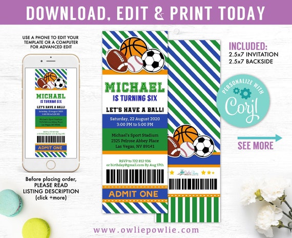 Allstar sport party invitation, EDITABLE birthday ticket pass invitation,Soccer basketball rugby baseball,Instant download Printable Digital Il_570xn